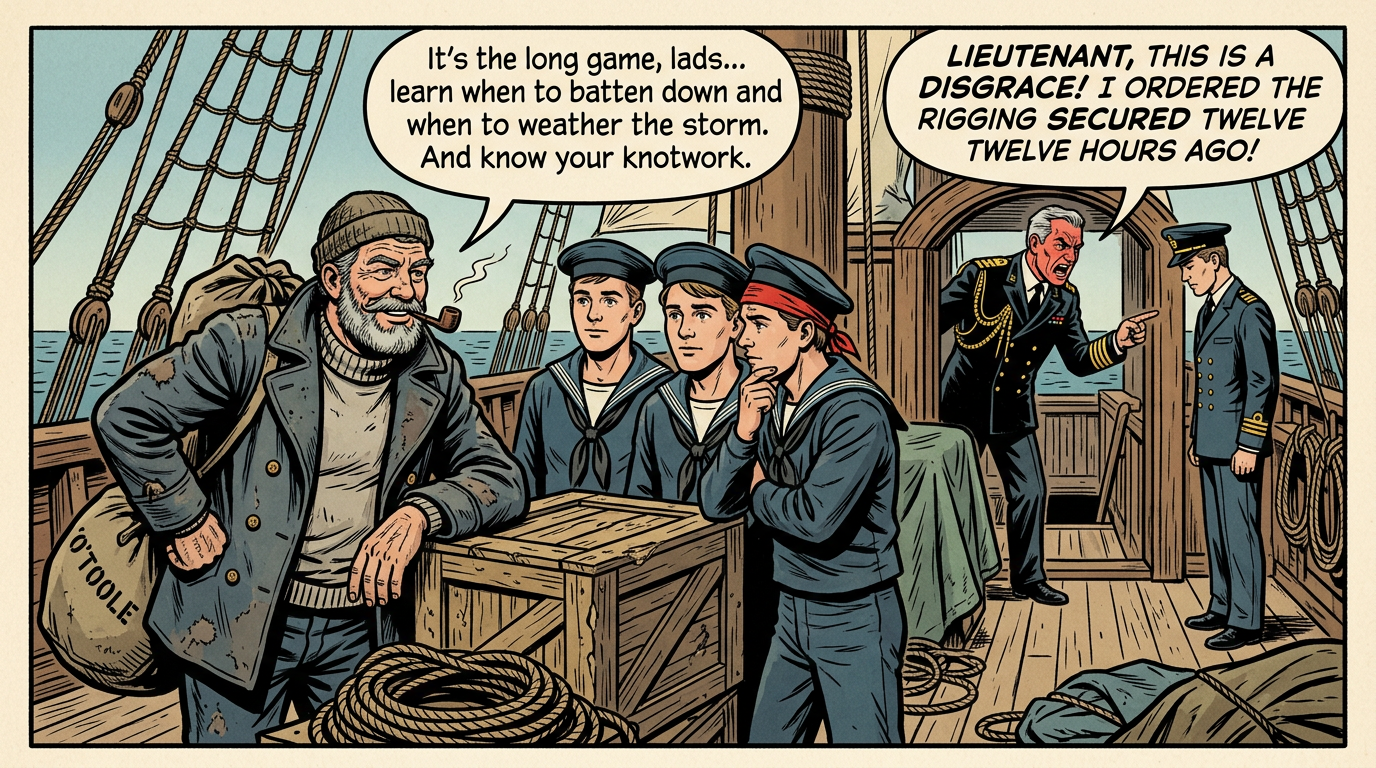 Comic panel with sailors aboard ship; text reads: “It’s the long game, lads... learn when to batten down and when to weather the storm. And know your knotwork.” “Lieutenant, this is a disgrace! I ordered the rigging secured twelve twelve hours ago!”