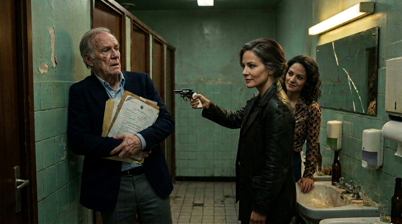 Woman points a revolver at a man holding documents in restroom