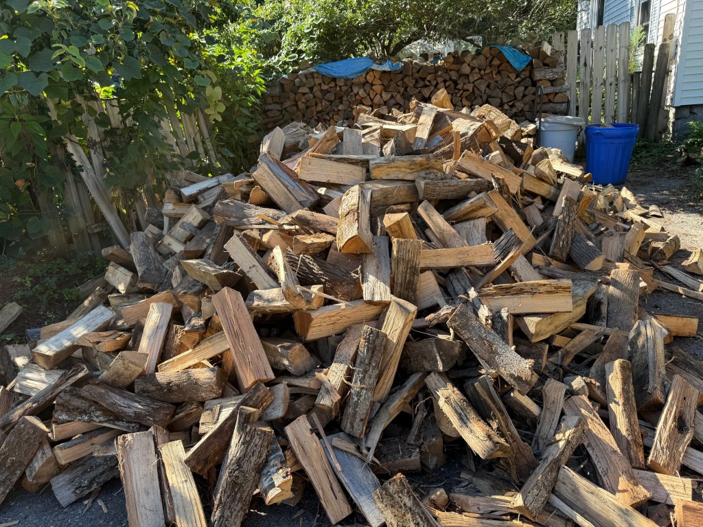 A large pile of stacked firewood in an outdoor setting, surrounded by greenery and a wooden fence.