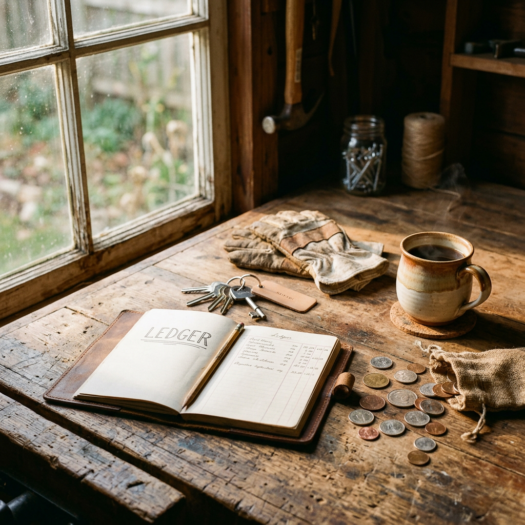 Open ledger labeled LEDGER with coins, keys, gloves, and coffee on wooden table