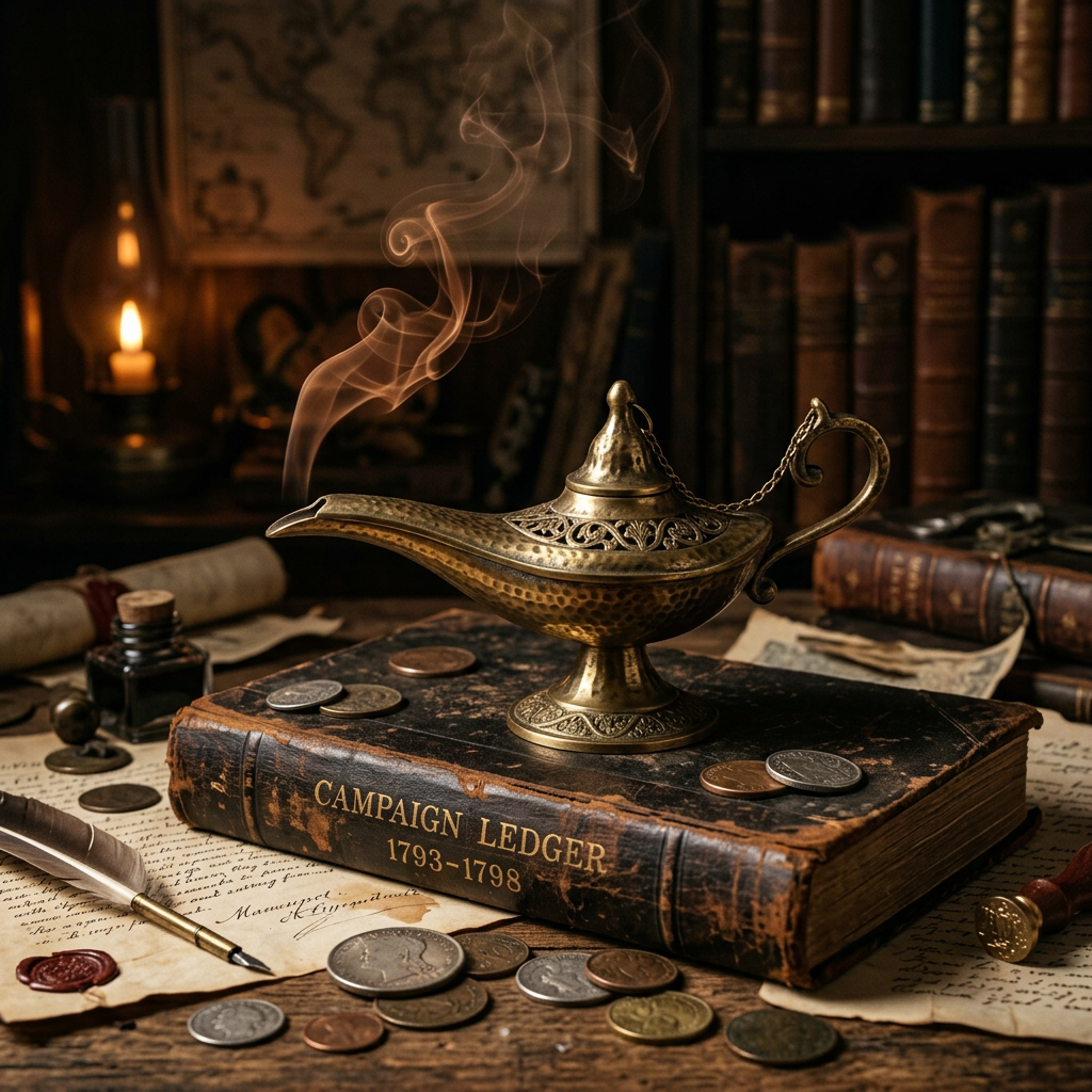 Smoking brass oil lamp on a book labeled Campaign Ledger 1793–1798