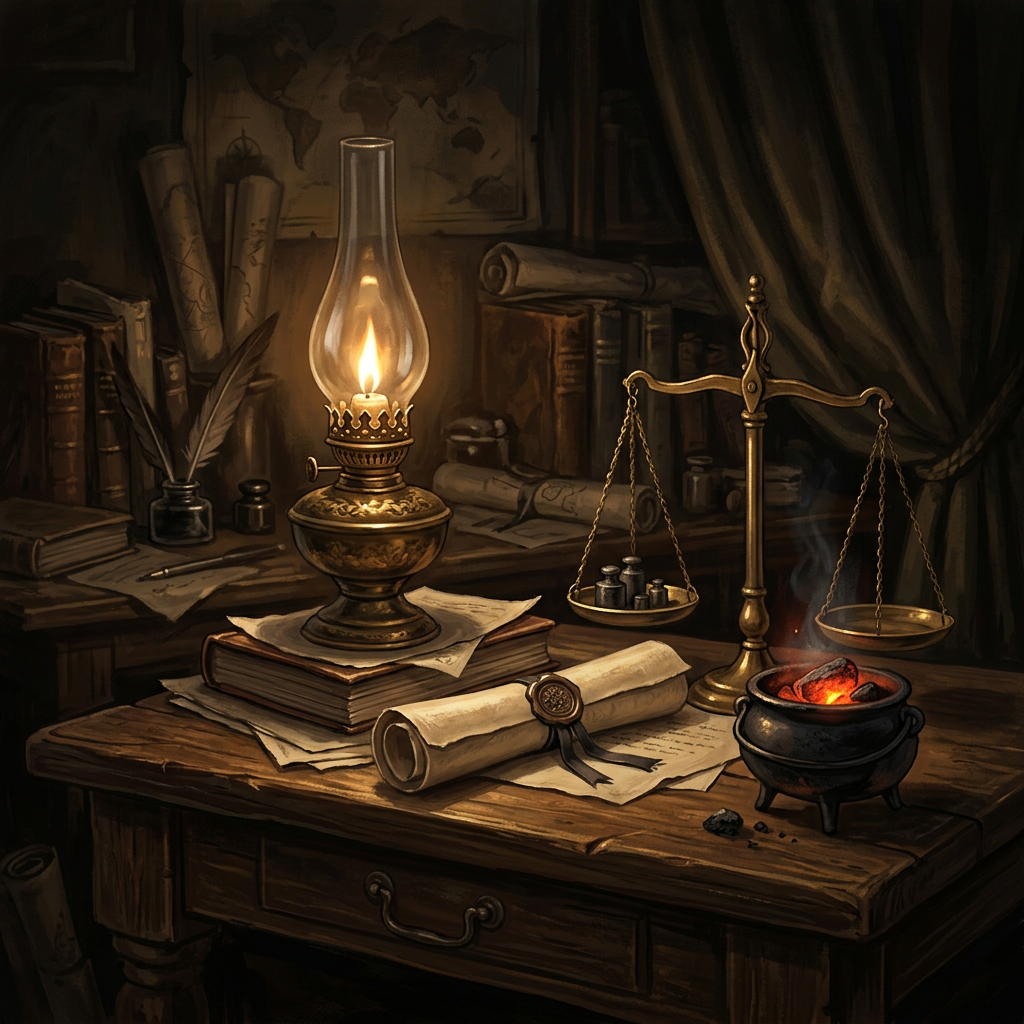 Oil lamp, balance scales, books, scrolls, and brazier on a desk