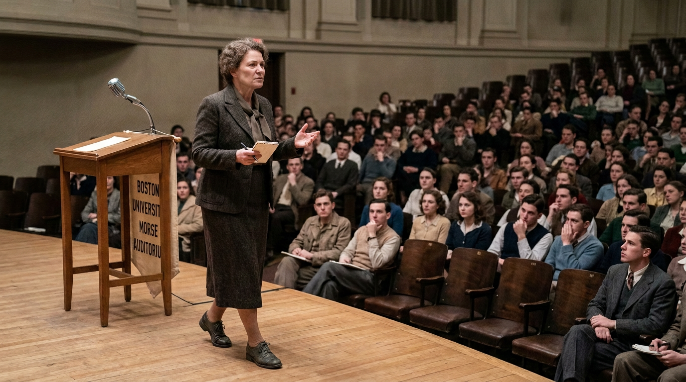 Speaker addressing a packed audience beside a Boston University Morse Auditorium podium