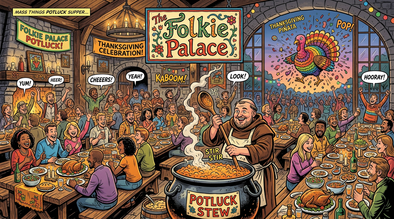 Crowded Thanksgiving potluck with stew, turkey, banners, and exploding turkey piñata