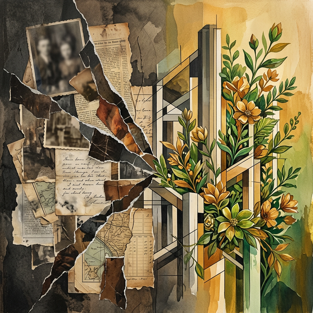 Collage of vintage papers, photographs, geometric architecture, and flowering botanical illustrations