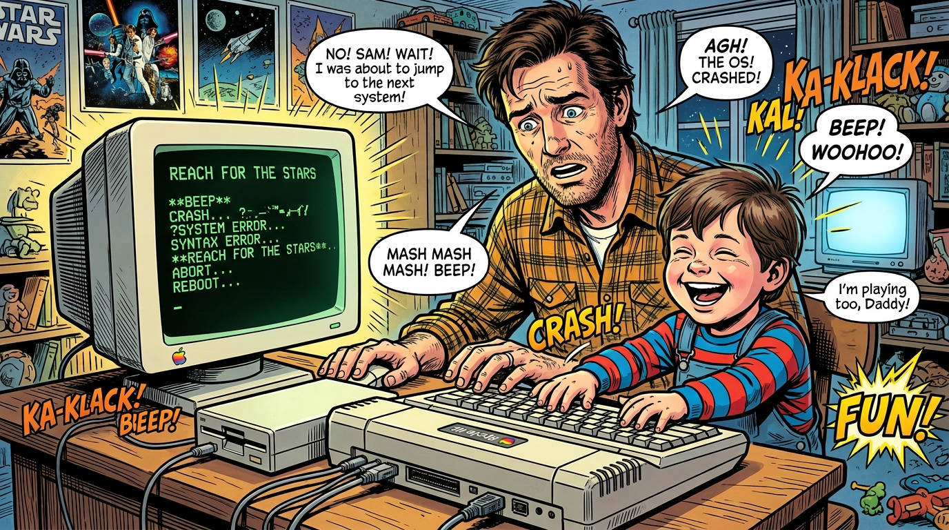 Comic scene with father and child at a vintage computer; text reads “REACH FOR THE STARS,” “CRASH,” “SYSTEM ERROR,” “SYNTAX ERROR,” “ABORT,” “REBOOT,” “NO! SAM! WAIT!,” “AGH! THE OS! CRASHED!,” “MASH MASH MASH! BEEP!,” “BEEP! WOOHOO!,” “I’m playing too, Daddy!,” “KA-KLACK!,” “CRASH!,” and “FUN!”