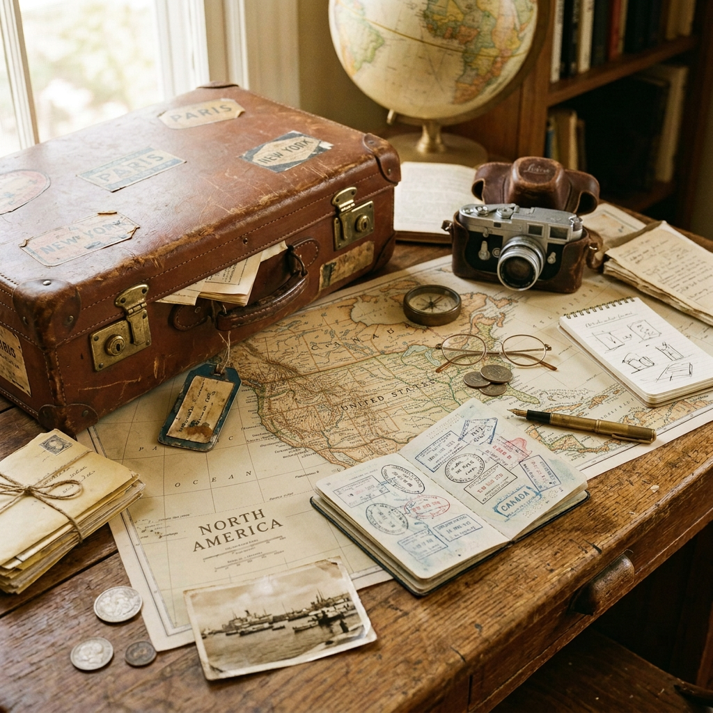 Vintage suitcase, camera, maps, passport, compass, and travel documents on a wooden desk