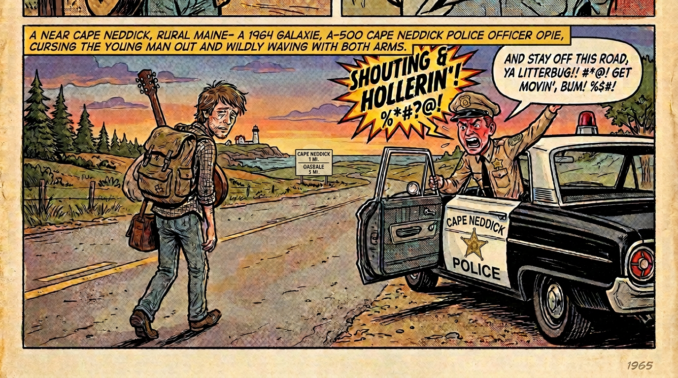 Comic panel text: “A WEARUB NORTH CAROLINA IN RURAL NORTH CAROLINA—A 1964 GALAXIE, A-500 OFFICER OPIE TAYLOR, CURSING THE YOUNG MAN OUT AND WILDLY WAVING WITH BOTH ARMS.” Speech: “SHOUTING & HOLLERIN’ %*#?@!” and “AND STAY OFF THIS ROAD, YA LITTERBUG!! #*@! GET MOVIN’, BUM! %$#!” Sign: “MAYBERRY 5 MI.” Police car: “MAYBERRY POLICE.”