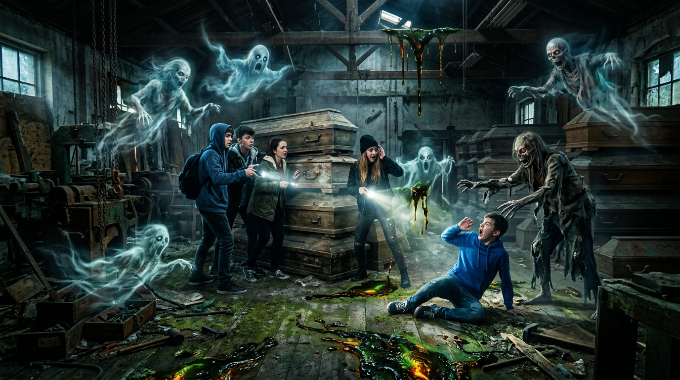 Four teenagers face ghosts and undead figures in a ruined coffin warehouse